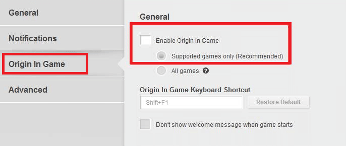 Here, click on Origin In-Game from the left pane and uncheck the box Enable Origin In Game option