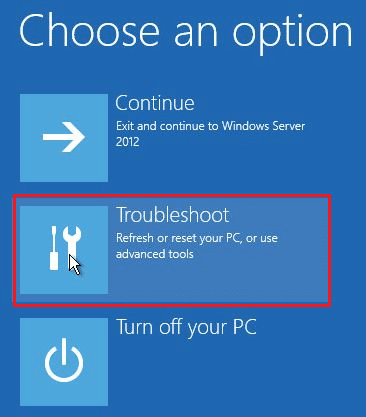 Klicken Sie hier im Fenster „Option auswählen“ auf „Fehlerbehebung“. Beheben Sie den Windows 10-Fehler 0xc004f075