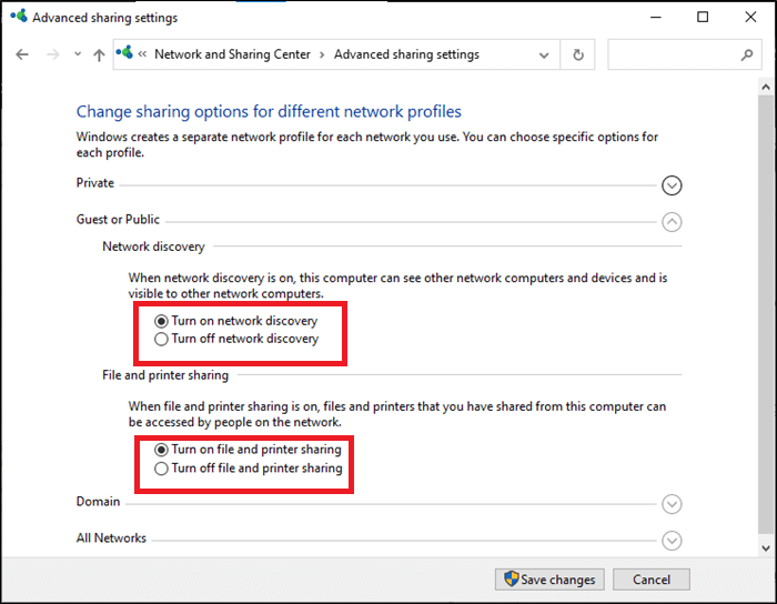 Here, expand the Guest or Public option and check Turn on network discovery and Turn on file and printer sharing | Fix Windows 10 Network Sharing Not Working