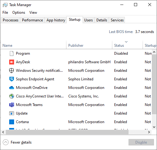 Here, in Task Manager, click on the Startup tab.