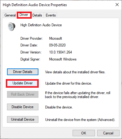 Here, in the next window, switch to the Driver tab and select the Update Driver option.
