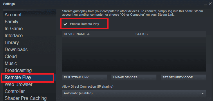 Here, in the Settings window, click on the Remote Play tab on the left pane and uncheck the option Enable Remote Play to disable the feature