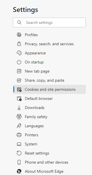 Here, navigate to Cookies and site permissions and click on it.