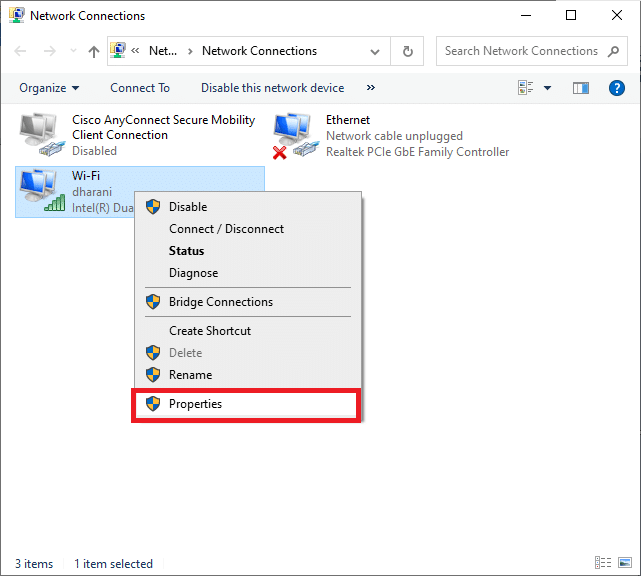 Here, right-click on your network connection and select the Properties option.