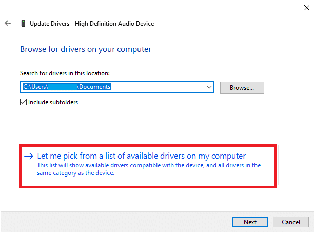 Here, select Let me pick from a list of available drivers on my computer