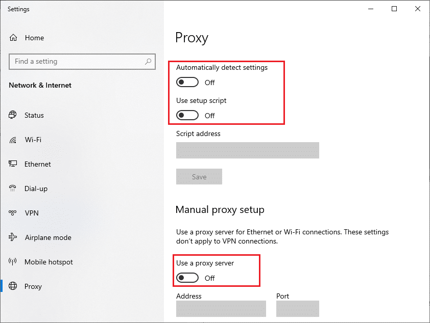 Here, toggle OFF Automatically detect settings, Use setup script, and Use a proxy server options 