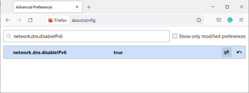 Here, type network.dns.disableIPv6 in the Search preference name field, Fix Firefox Connection Reset Error