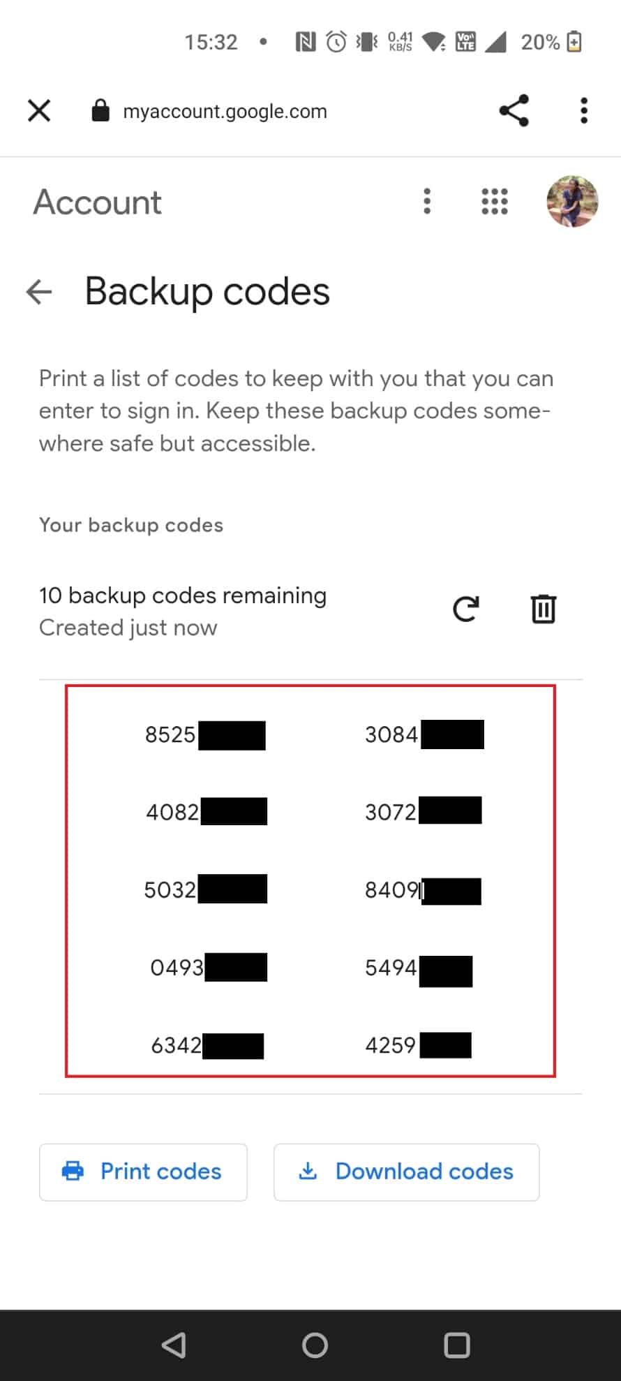 here you can get a set of 8-digit backup codes | What Happens if you can’t Remember Gmail Password