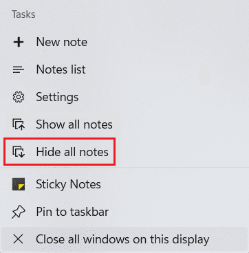 hide all notes in sticky notes context menu