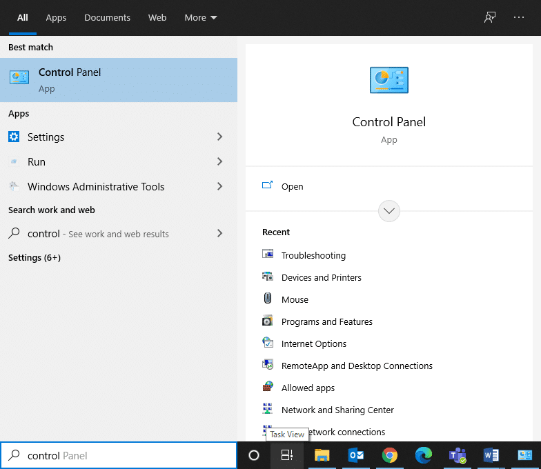 Hit the Windows key and type Control Panel in the search bar.
