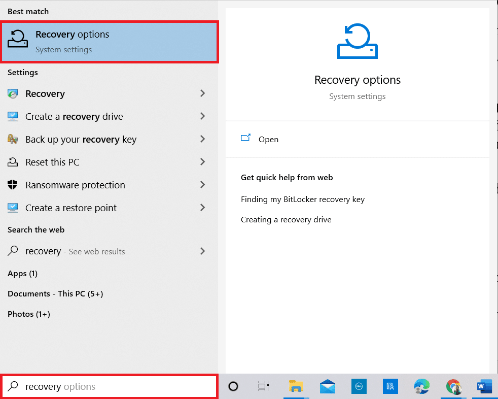 Hit the Windows key and type Recovery options as shown. Open the best results. Fix Windows Could Not Search for New Updates