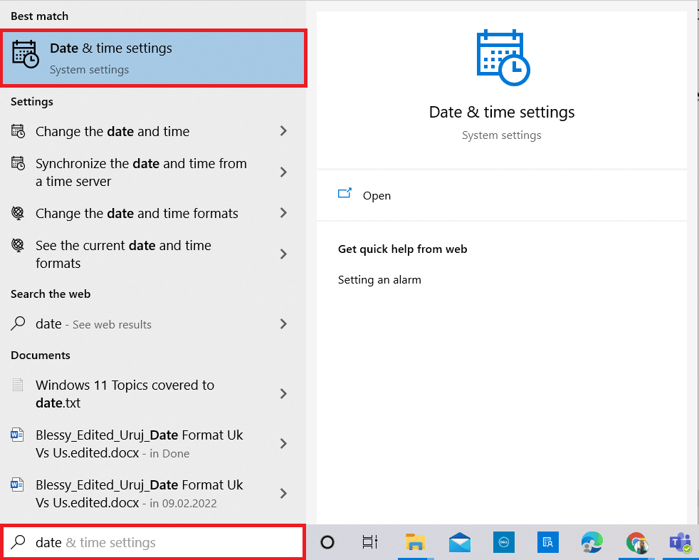 Hit the Windows key. Type Date & time settings and open it