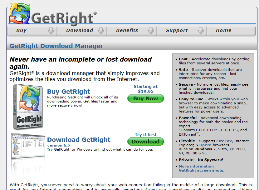 Page d'accueil de GetRight