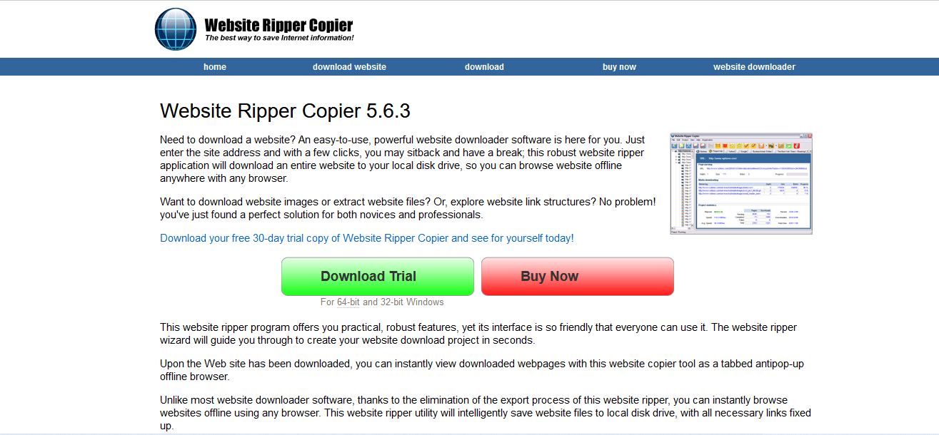 Homepage of Website Ripper Copier