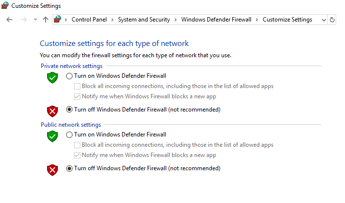 turn off windows defender firewall not recommended