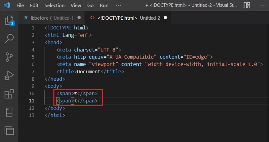 пример HTML-кода в коде Visual Studio