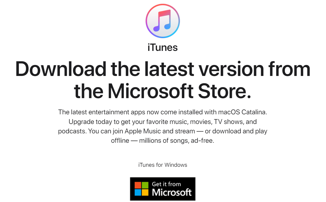 Página oficial de descarga de iTunes para Windows.