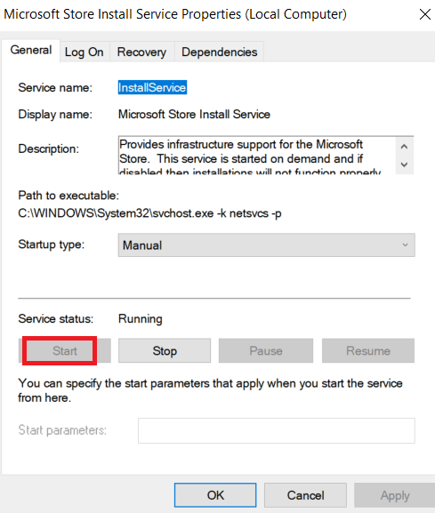 if it is Stopped click on the Start button present under Service status. Fix Windows Store Error 0x80240024