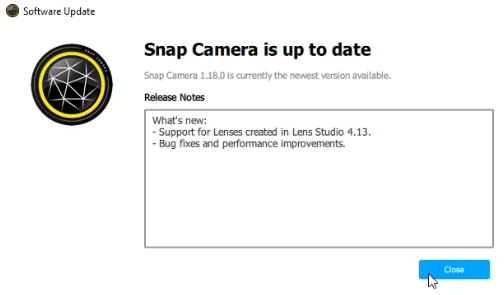 Če je aplikacija posodobljena na najnovejšo različico, boste prejeli sporočilo Snap Camera je posodobljena