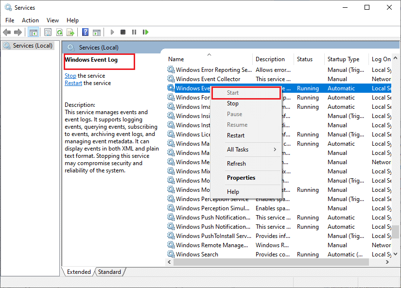 If the Status is not set to Running, right-click on the service and select the Start option