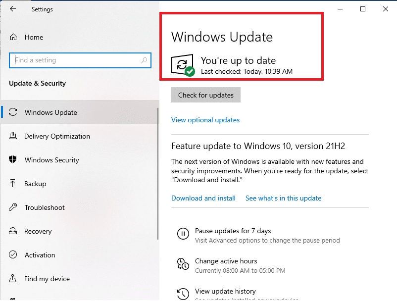 Если обновлений нет, Центр обновления Windows будет отображаться как обновленный. Если есть какие-либо доступные обновления, установите ожидающие обновления.