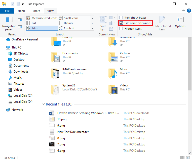 switch to View tab and select the box which is next to File Name Extensions