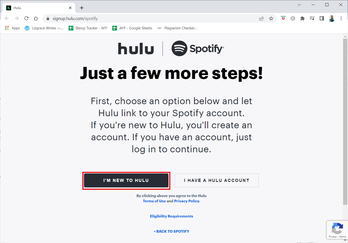 If you do not have an account, click on I’M NEW TO HULU. | Hulu Spotify login