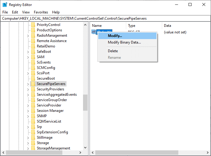 If you have SecurePipeServers in the Control folder, right-click on the Default key in the right pane and select the Modify option