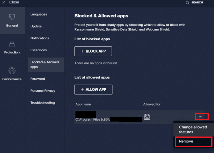 If you want to remove the application program from the Avast whitelist, then click on the three dotted icon in the main Settings window