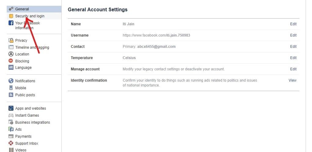 Click on Security and login option on the left panel.
