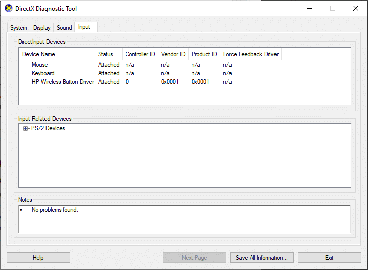 click on Input tab of directX diagnostic tool