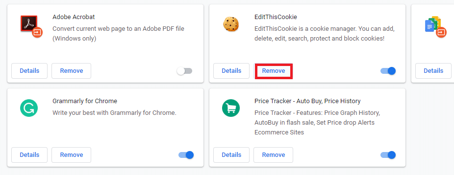 The List of all extensions added in your browser will open. Click on the Remove button under the extension you want to remove that particular extension from your browser.