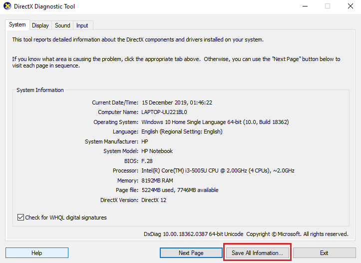 click Save All Information on the DirectX Diagnostic Tool