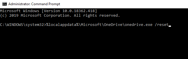 Type the command mentioned below in the command prompt and hit enter. %localappdata%MicrosoftOneDriveonedrive.exe /reset