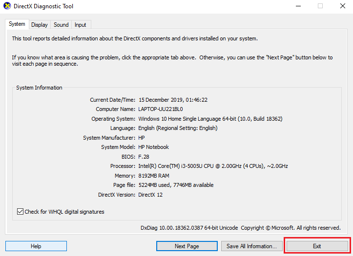click exit to exit from the DirectX Diagnostic Tool