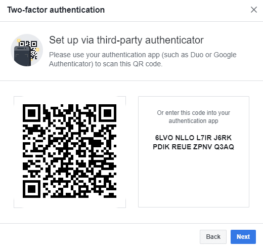 If your third party app is not available to scan the QR code, then you can also enter the code given in the box next to the QR code.