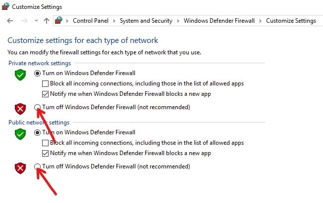 Turn Off the Defender Firewall both for Private and Public Networks by clicking on the button next to Turn off the Windows Defender Firewall option.