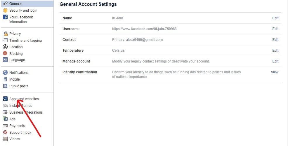 Click on Apps and websites option from the left panelin facebook settings tab