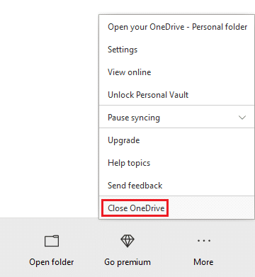 A drop-down menu opens. Click on Close OneDrive option from the list before you.