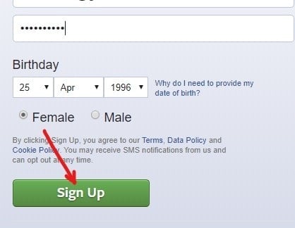 После заполнения данных нажмите кнопку «Зарегистрироваться» в Facebook.