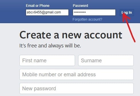 You need to login to your Facebook account by entering your email address or phone number and then the password. Once you enter all the details, click on the login button next to the password box.
