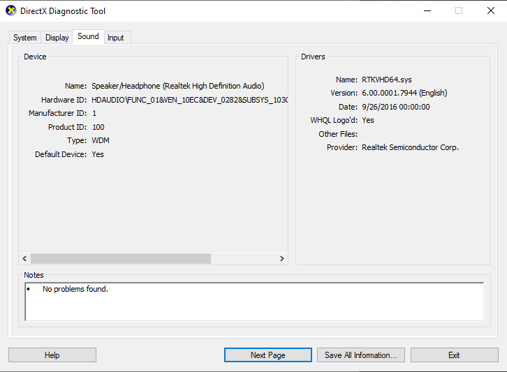 click Sound tab of the DirectX Diagnostic Tool