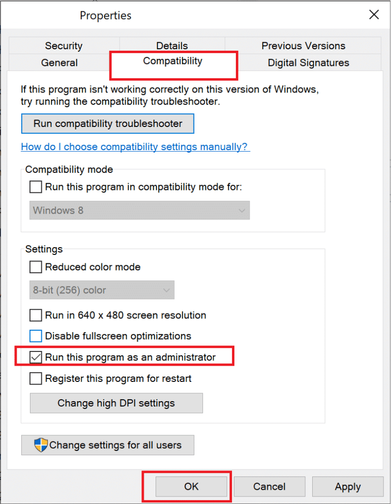 Now, check the box Run this program as an administrator. Fix ROG Gaming Center Not Working