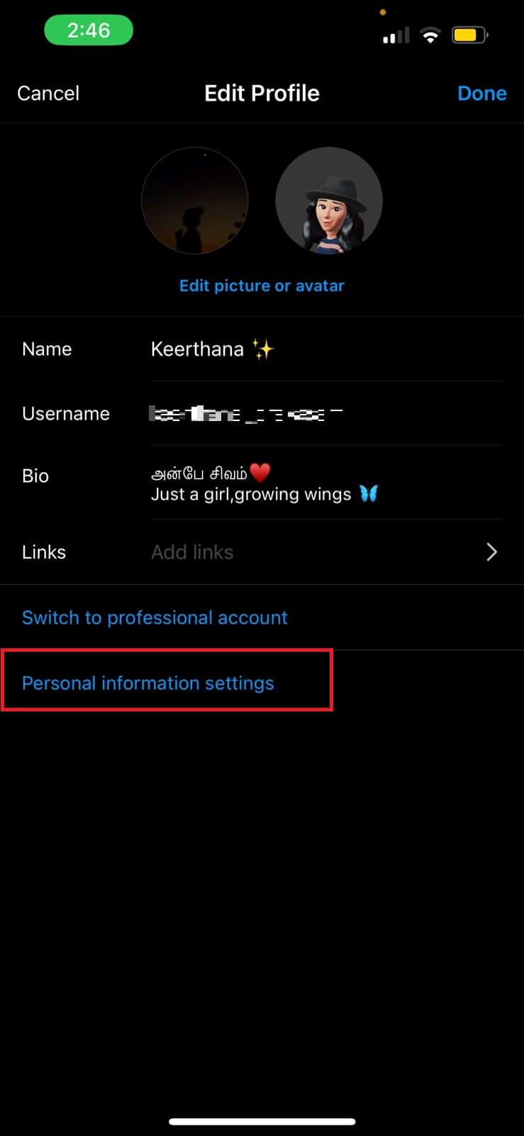 In Edit profile, tap on Personal information settings.