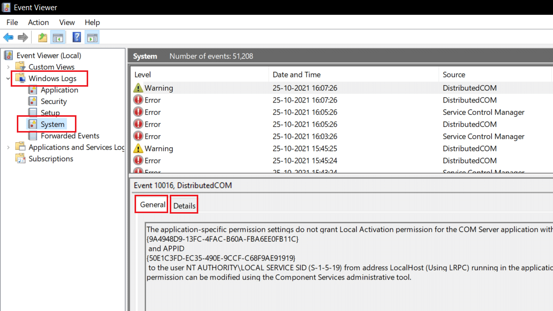 in event viewer, expand windows logs, then double click on system and select and view general and details