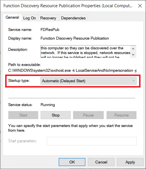 In General tab, click Startup type drop down and choose Automatic Delayed Start. Restart the service and save. Fix Computers Not Showing Up on Network in Windows 10