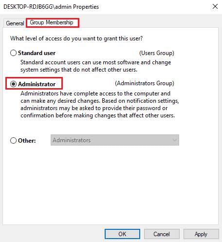 In Group Membership tab select Administrator. Fix System Error 5 Access Denied