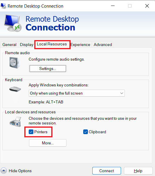 In Local Resources select Printers | Local printer not showing in remote desktop