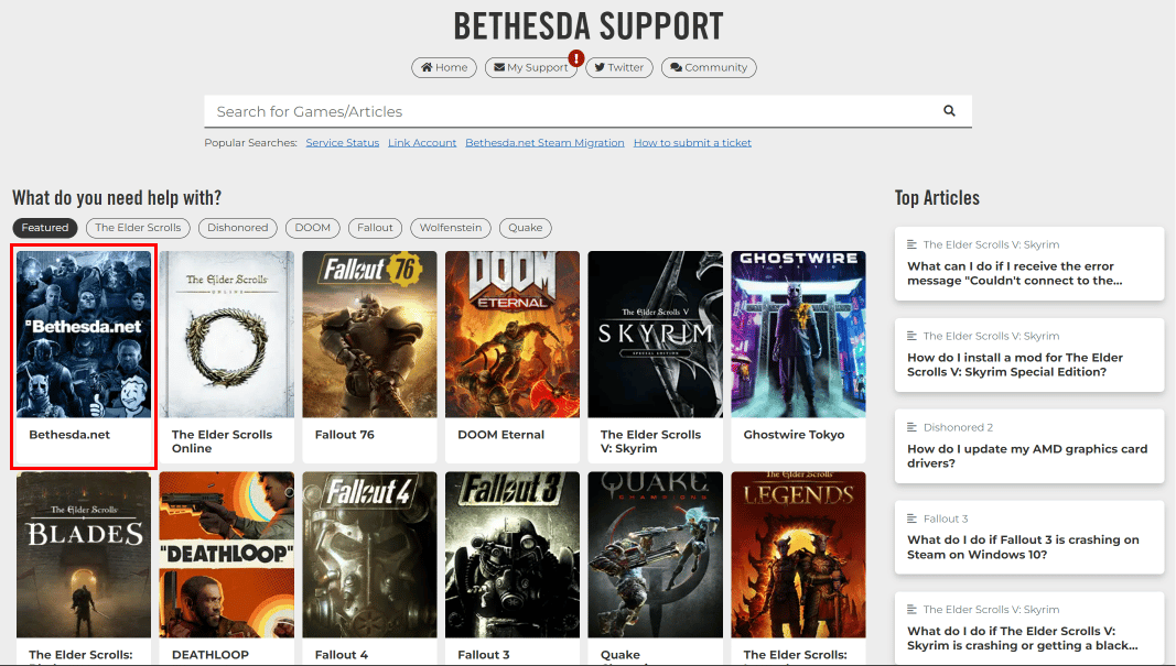 In support center, click on Bethesda.net.