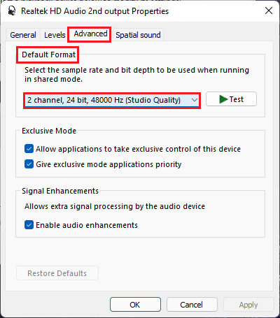 in the Advanced tab click on the dropdown menu for Default format option in Realtek hd audio device properties Sound control panel settings windows 11